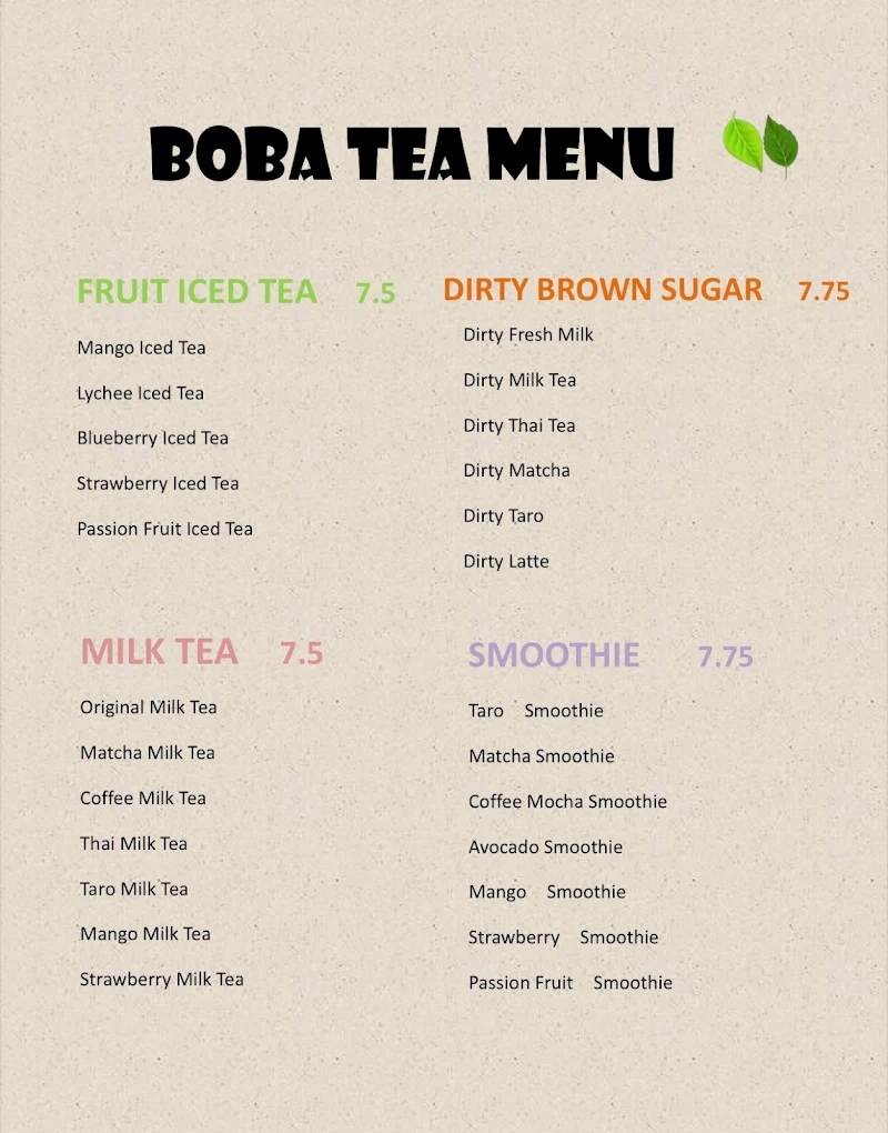 Naruto 88 Bistro official Boba Tea and Smoothie menu card — Fruit Iced Tea, Milk Tea, Dirty Brown Sugar Boba, Taro Smoothie, Matcha prices Miami