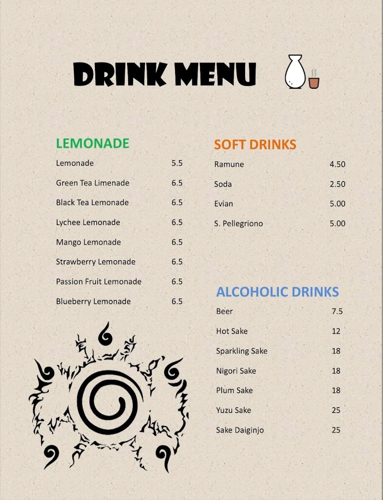 Naruto 88 Bistro official Drink menu card — Lemonade, Soft Drinks, Beer, Hot Sake, Sparkling Sake, Nigori Sake, Plum Sake, Yuzu Sake prices Miami