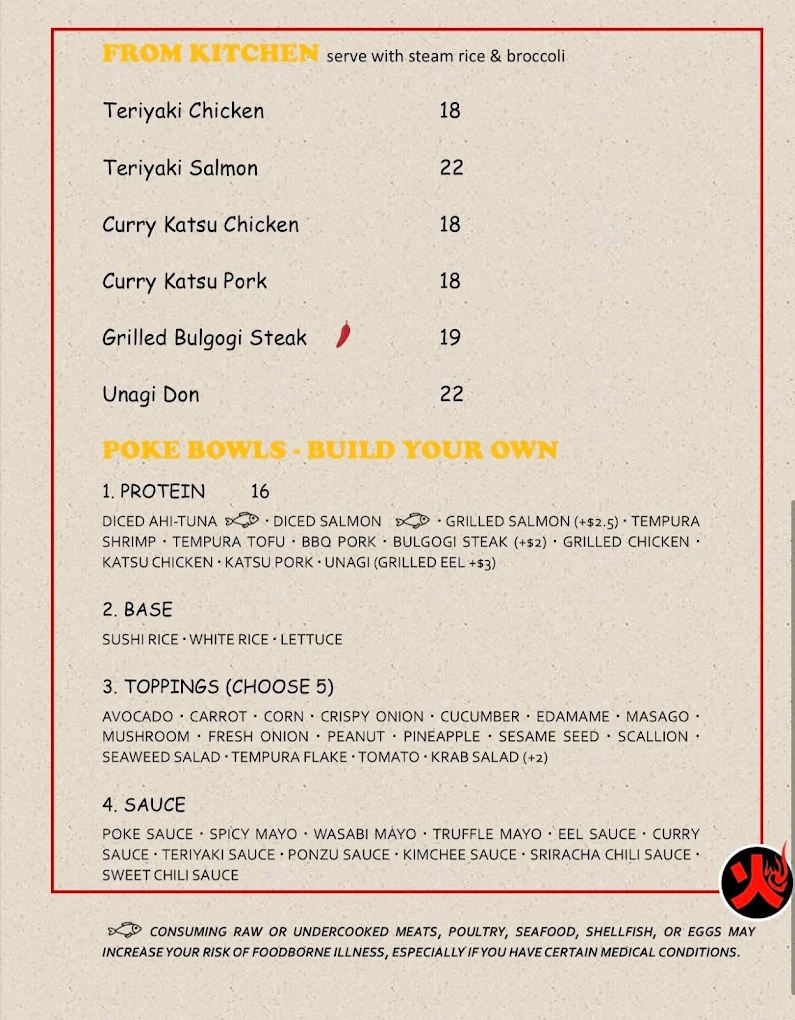Naruto 88 Bistro official From Kitchen and Poke Bowl Build-Your-Own menu card — Teriyaki Chicken, Teriyaki Salmon, Curry Katsu, Unagi Don, custom poke bowl options Miami