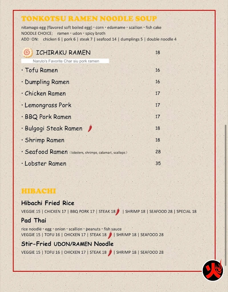Naruto 88 Bistro official Tonkotsu Ramen Noodle Soup and Hibachi menu card — Ichiraku Ramen, Bulgogi Steak Ramen, Lobster Ramen, Pad Thai, Stir-Fried Noodle prices