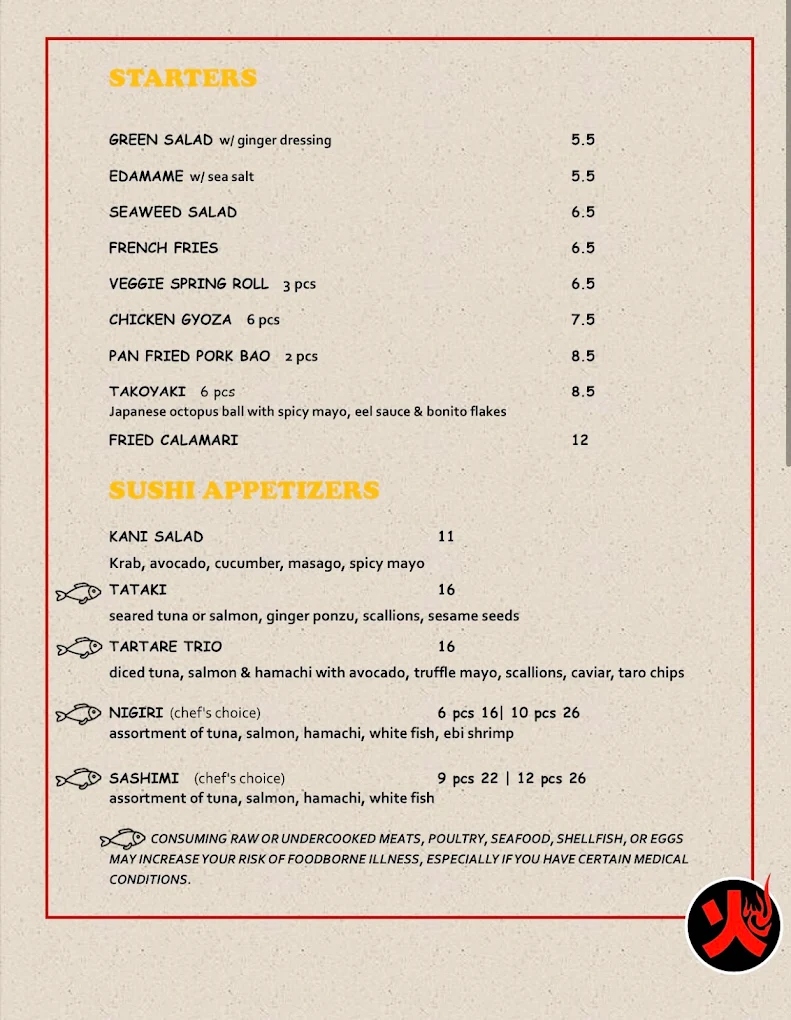 Naruto 88 Bistro official Starters and Sushi Appetizers menu card — Pan Fried Pork Bao, Takoyaki, Chicken Gyoza, Tataki, Sashimi, Nigiri prices Miami