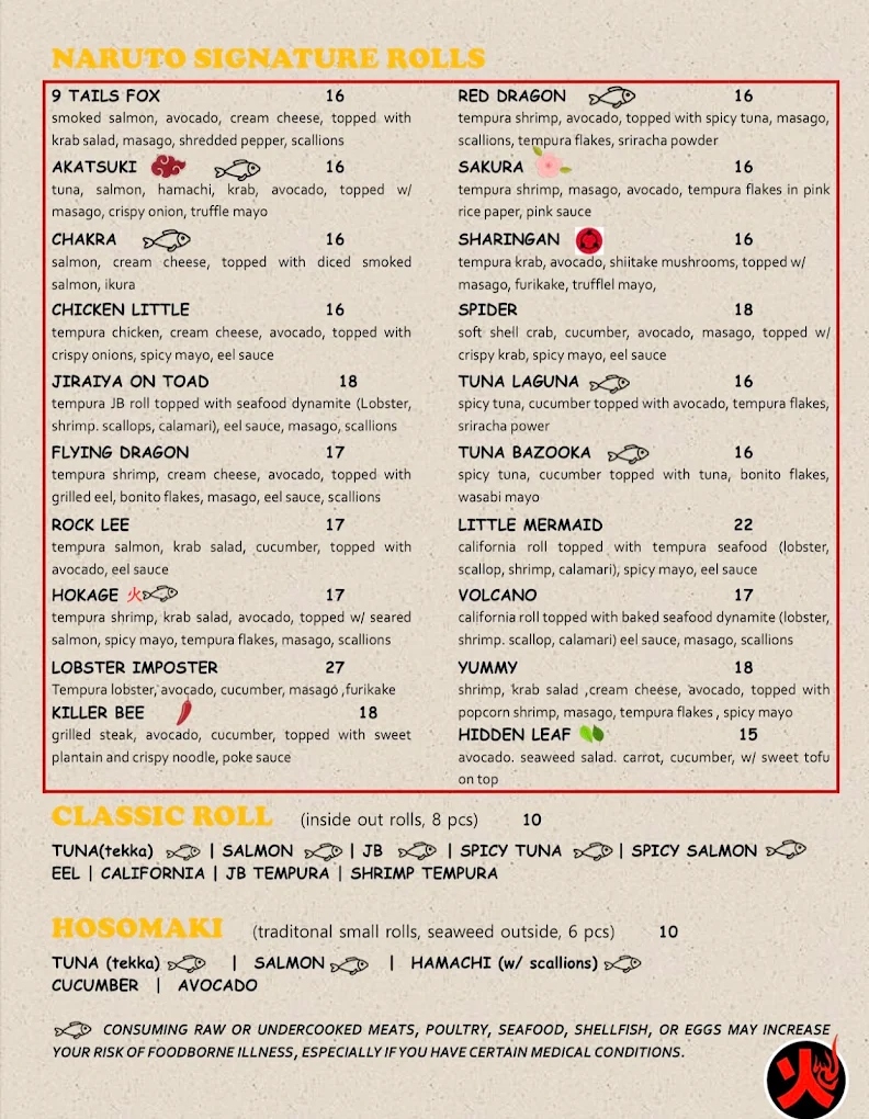 Naruto 88 Bistro official Naruto Signature Sushi Rolls menu card — Akatsuki Roll, Hokage Roll, Volcano Roll, Flying Dragon, Lobster Imposter, 9 Tails Fox Miami